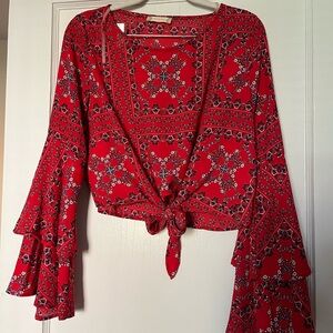 Altar'd State Red Patterned Tie Front Blouse